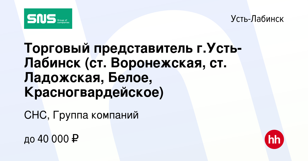 Вакансия Торговый представитель г.Усть-Лабинск (ст. Воронежская, ст.  Ладожская, Белое, Красногвардейское) в Усть-Лабинске, работа в компании  СНС, Группа компаний (вакансия в архиве c 18 июня 2015)