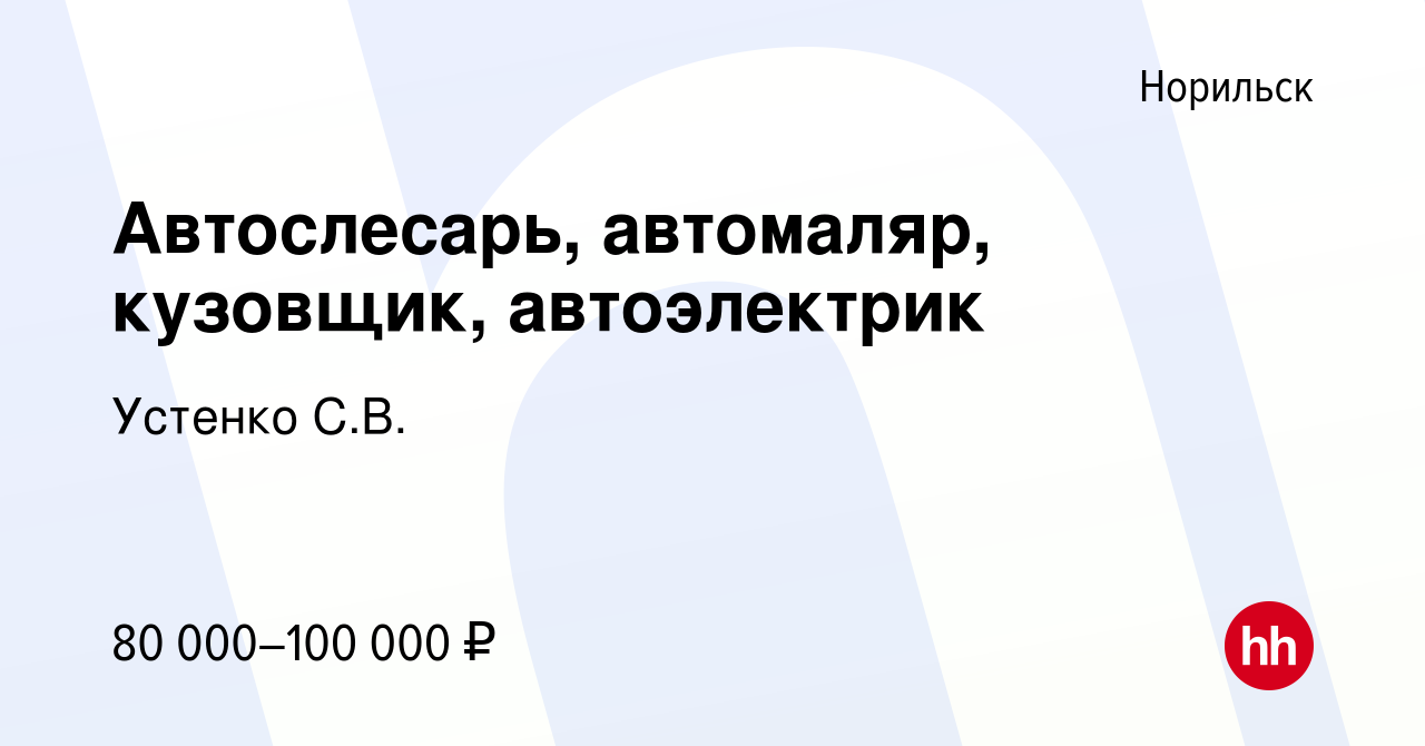 Вакансия Автослесарь, автомаляр, кузовщик, автоэлектрик в Норильске, работа  в компании Устенко С.В. (вакансия в архиве c 8 июля 2015)