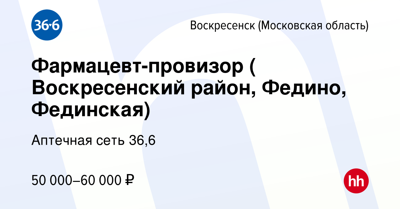 Вакансия Фармацевт-провизор ( Воскресенский район, Федино, Фединская) в  Воскресенске, работа в компании Аптечная сеть 36,6 (вакансия в архиве c 5  марта 2018)