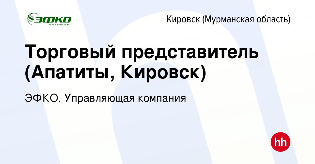 Вакансия Торговый представитель (Апатиты, Кировск) в Кировске, работа в  компании ЭФКО, Управляющая компания (вакансия в архиве c 2 апреля 2018)