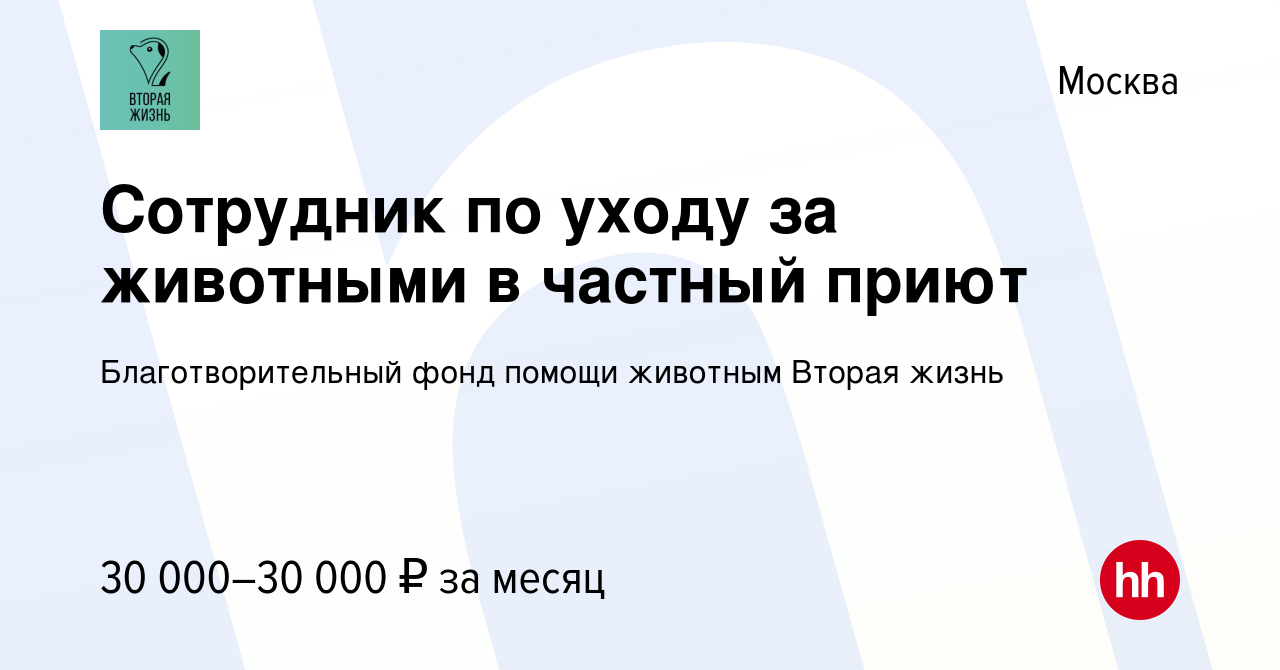 Вакансия Сотрудник по уходу за животными в частный приют в Москве, работа в  компании Благотворительный фонд помощи животным Вторая жизнь (вакансия в  архиве c 22 апреля 2018)