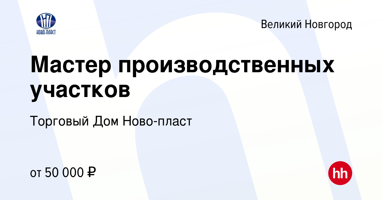 Вакансия Мастер производственных участков в Великом Новгороде, работа в  компании Торговый Дом Ново-пласт (вакансия в архиве c 30 ноября 2019)