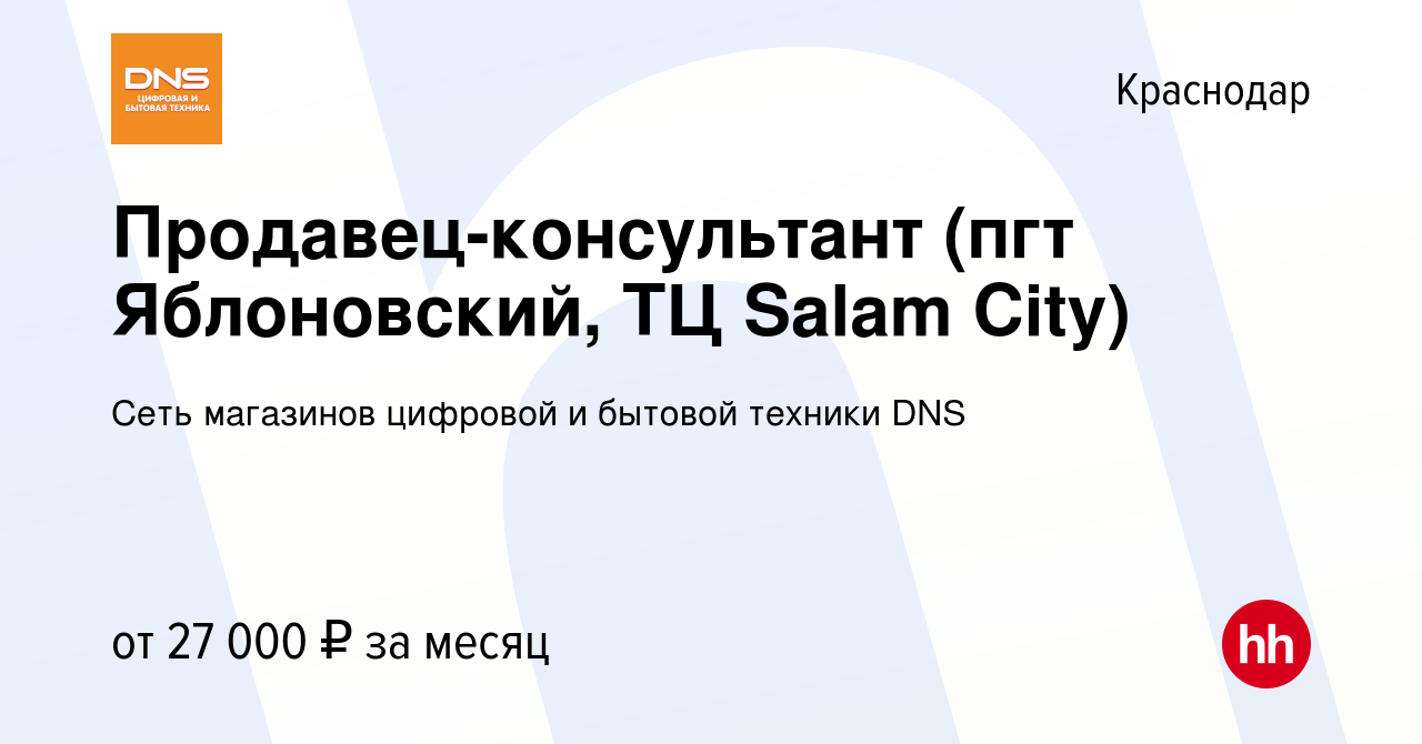 Вакансия Продавец-консультант (пгт Яблоновский, ТЦ Salam City) в  Краснодаре, работа в компании Сеть магазинов цифровой и бытовой техники DNS  (вакансия в архиве c 6 декабря 2019)