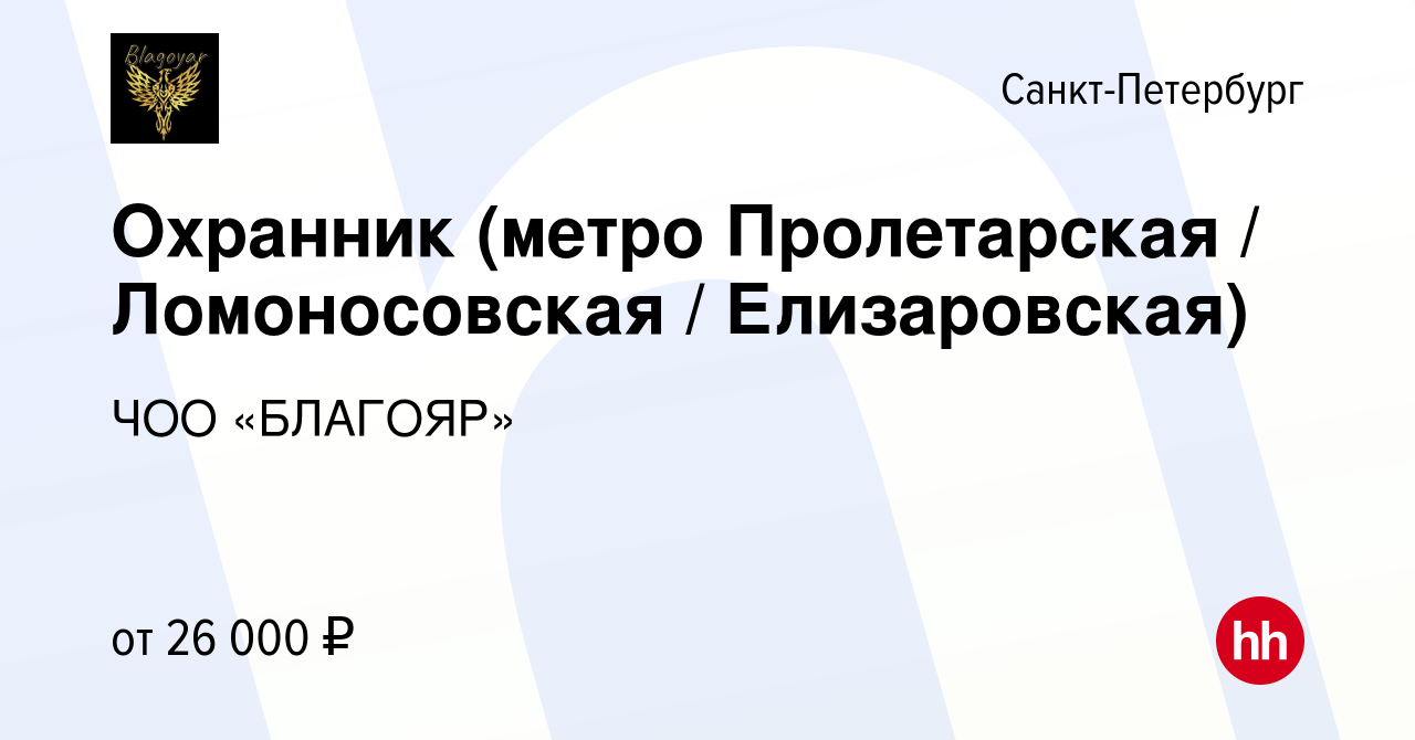 Вакансия Охранник (метро Пролетарская / Ломоносовская / Елизаровская) в  Санкт-Петербурге, работа в компании ЧОО «БЛАГОЯР» (вакансия в архиве c 12  декабря 2019)