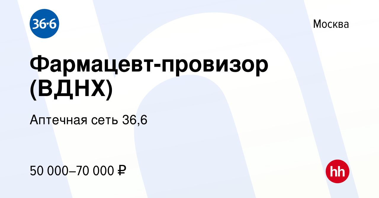 Вакансия Фармацевт-провизор (ВДНХ) в Москве, работа в компании Аптечная  сеть 36,6 (вакансия в архиве c 31 января 2020)