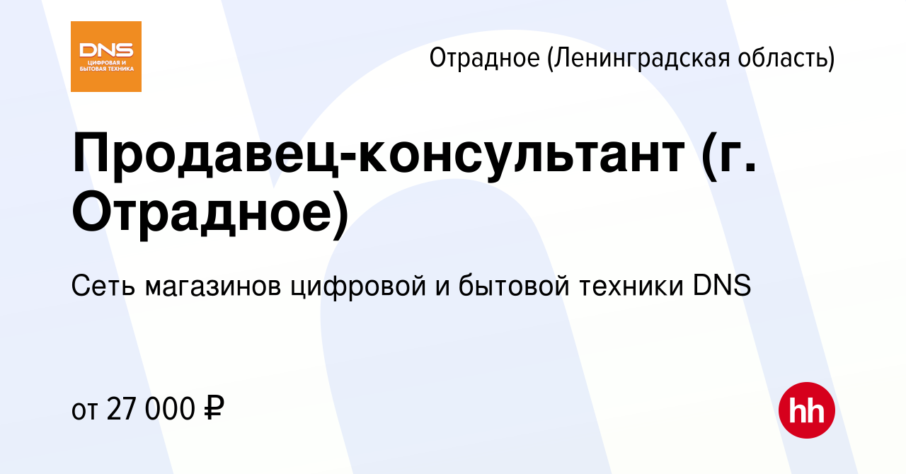 Вакансия Продавец-консультант (г. Отрадное) в Отрадном (Ленинградская  область), работа в компании Сеть магазинов цифровой и бытовой техники DNS  (вакансия в архиве c 5 февраля 2020)