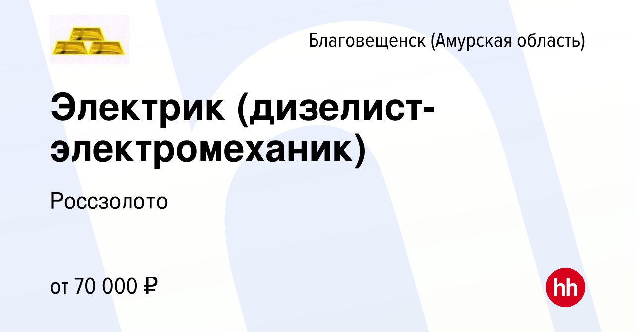 Вакансия Электрик (дизелист-электромеханик) в Благовещенске, работа в  компании Россзолото (вакансия в архиве c 28 февраля 2020)