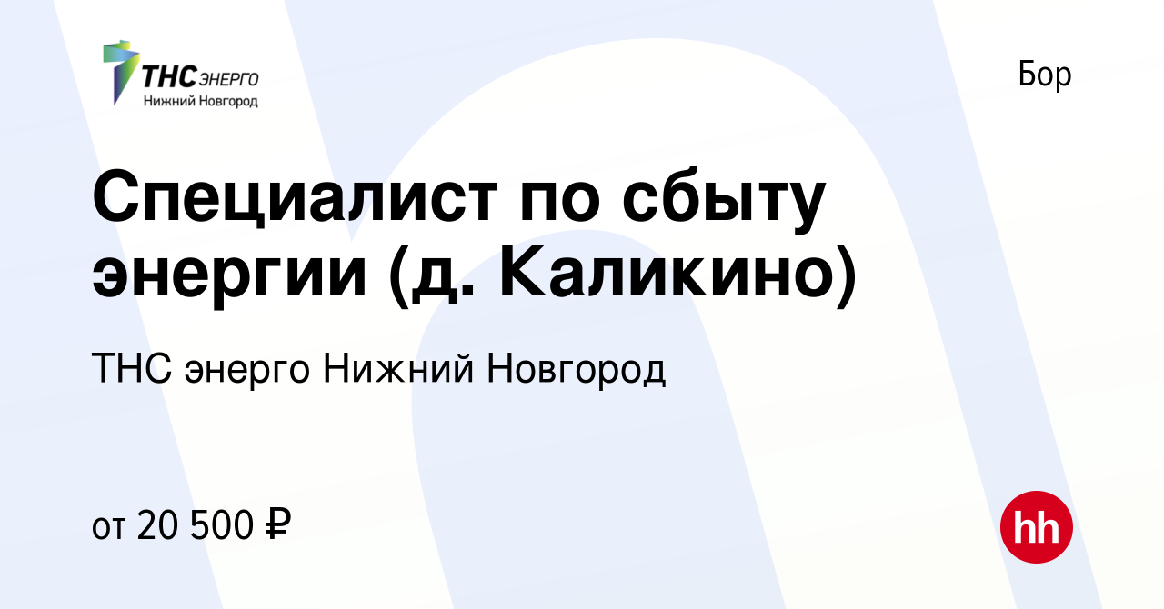 Вакансия Специалист по сбыту энергии (д. Каликино) на Бору, работа в  компании «ТНС энерго Нижний Новгород» (вакансия в архиве c 10 марта 2020)