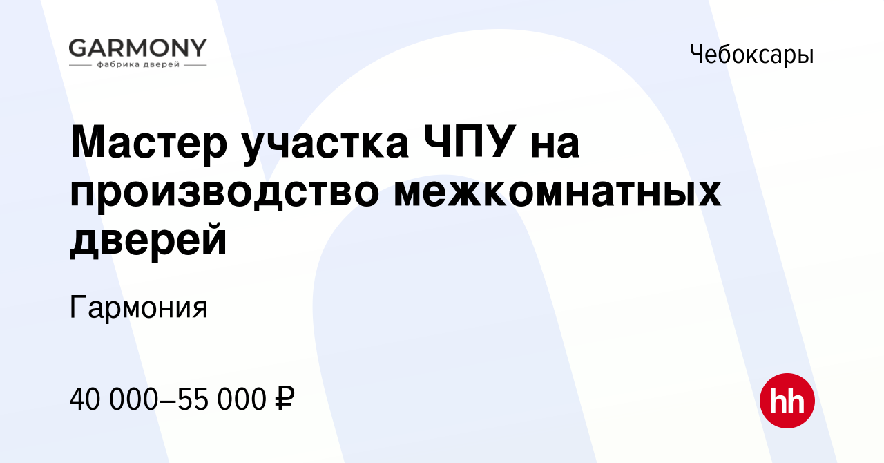 Вакансия Мастер участка ЧПУ на производство межкомнатных дверей в Чебоксарах,  работа в компании Гармония (вакансия в архиве c 24 сентября 2020)