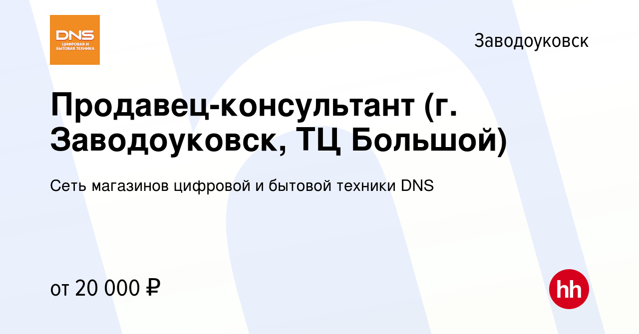 Вакансия Продавец-консультант (г. Заводоуковск, ТЦ Большой) в  Заводоуковске, работа в компании Сеть магазинов цифровой и бытовой техники  DNS (вакансия в архиве c 13 января 2021)