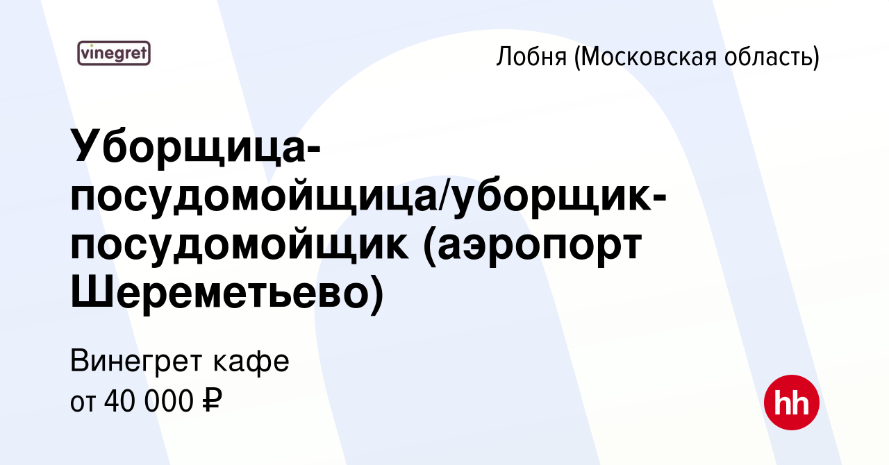 Вакансия Уборщица-посудомойщица/уборщик-посудомойщик (аэропорт Шереметьево)  в Лобне, работа в компании Винегрет кафе (вакансия в архиве c 23 июня 2021)