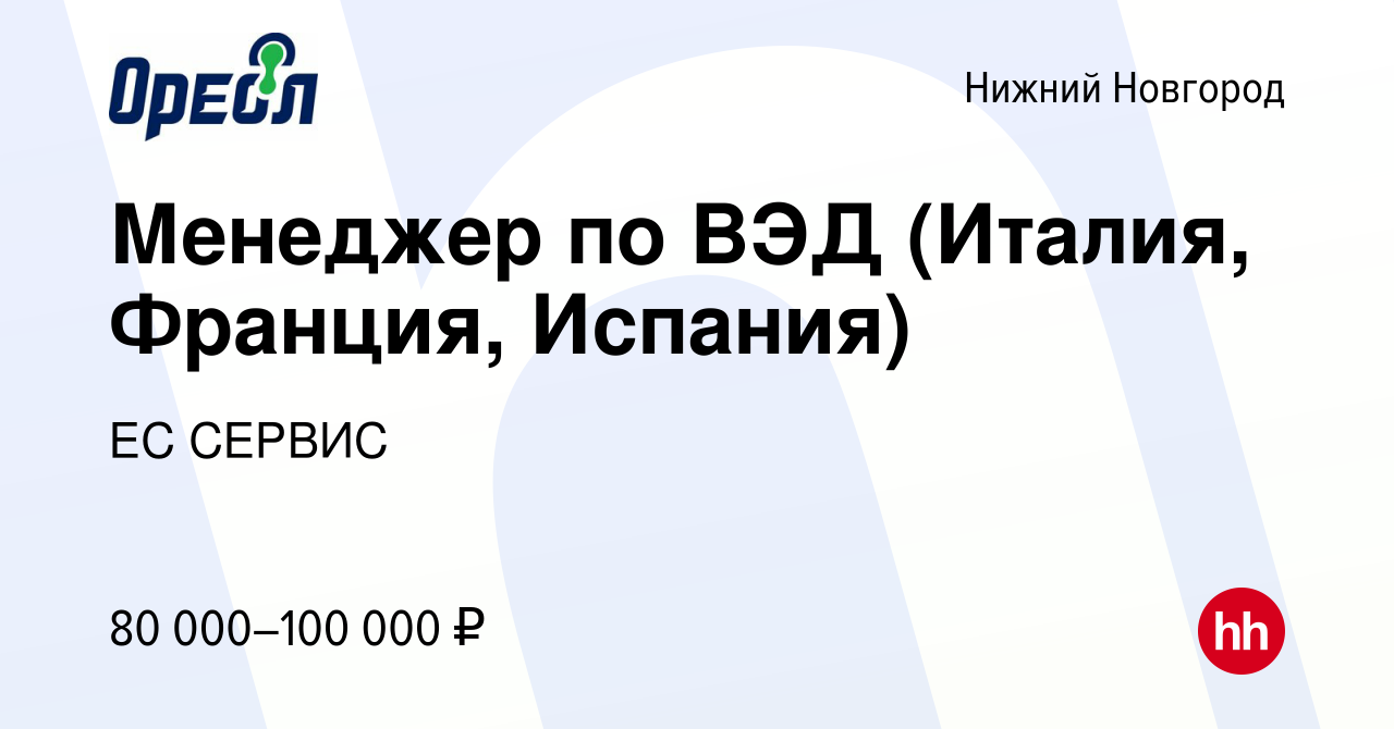 Вакансия Менеджер по ВЭД (Италия, Франция, Испания) в Нижнем Новгороде,  работа в компании ЕС СЕРВИС (вакансия в архиве c 16 июля 2021)