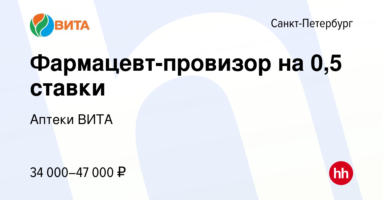 Вакансия Фармацевт-провизор на 0,5 ставки в Санкт-Петербурге, работа в  компании Аптеки ВИТА (вакансия в архиве c 30 июля 2021)