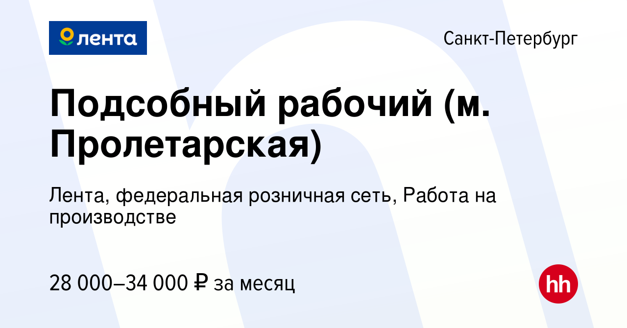 Вакансия Подсобный рабочий (м. Пролетарская) в Санкт-Петербурге, работа в  компании Лента, федеральная розничная сеть, Работа на производстве  (вакансия в архиве c 18 января 2022)