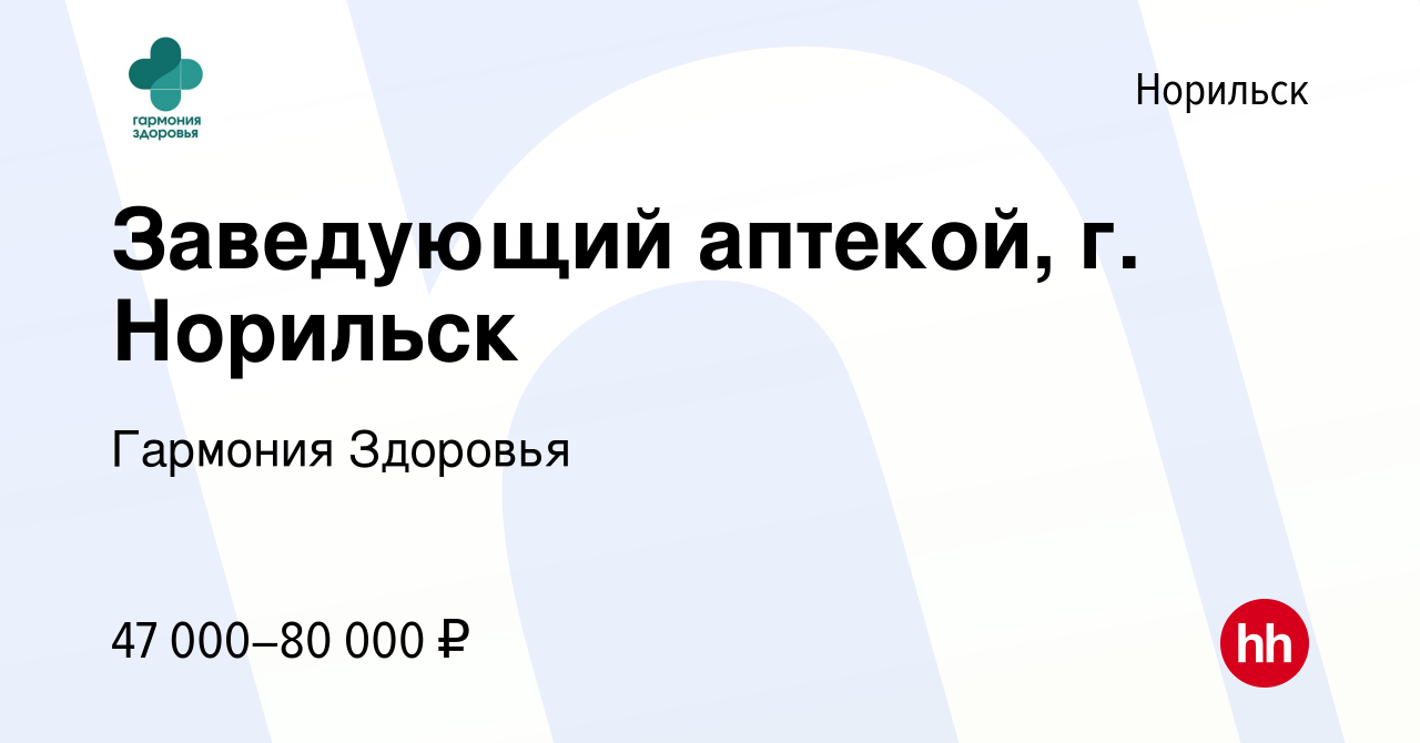 Вакансия Заведующий аптекой, г. Норильск в Норильске, работа в компании  Гармония Здоровья (вакансия в архиве c 22 декабря 2021)