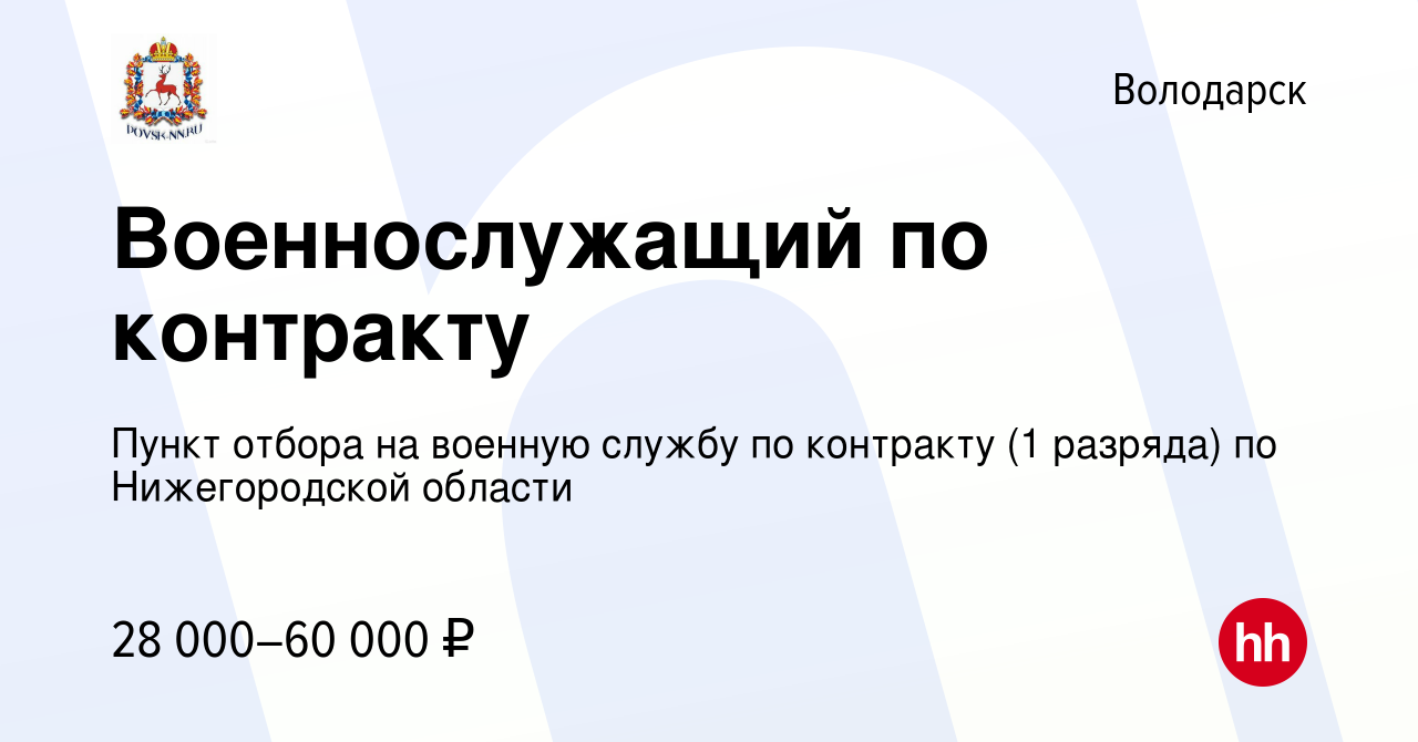 Вакансия Военнослужащий по контракту в Володарске, работа в компании Пункт  отбора на военную службу по контракту (1 разряда) по Нижегородской области  (вакансия в архиве c 2 апреля 2022)