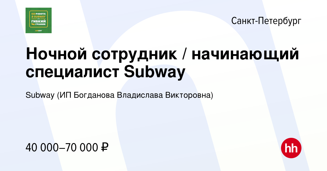 Вакансия Ночной сотрудник / начинающий специалист Subway в  Санкт-Петербурге, работа в компании Subway (ИП Богданова Владислава  Викторовна) (вакансия в архиве c 10 апреля 2022)