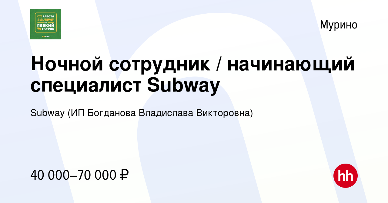 Вакансия Ночной сотрудник / начинающий специалист Subway в Мурино, работа в  компании Subway (ИП Богданова Владислава Викторовна) (вакансия в архиве c  19 апреля 2022)