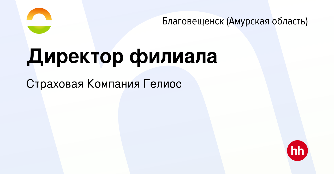 Вакансия Директор филиала в Благовещенске, работа в компании Страховая  Компания Гелиос (вакансия в архиве c 17 ноября 2022)