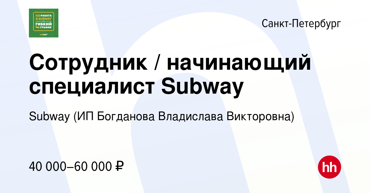 Вакансия Сотрудник / начинающий специалист Subway в Санкт-Петербурге,  работа в компании Subway (ИП Богданова Владислава Викторовна) (вакансия в  архиве c 4 мая 2022)