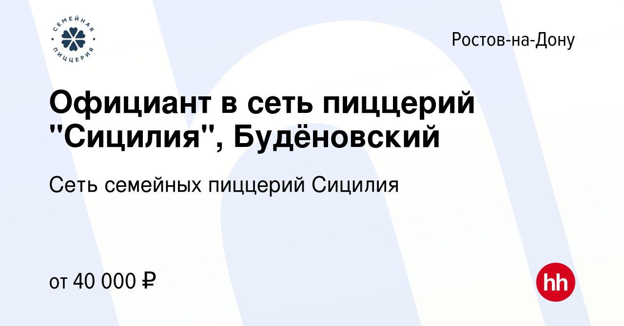 Вакансия Официант в сеть пиццерий 