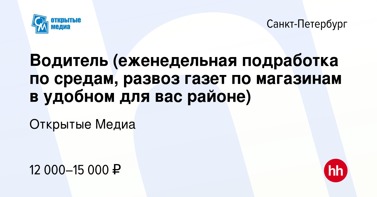 Вакансия Водитель (еженедельная подработка по средам, развоз газет по  магазинам в удобном для вас районе) в Санкт-Петербурге, работа в компании  Открытые Медиа (вакансия в архиве c 6 мая 2022)