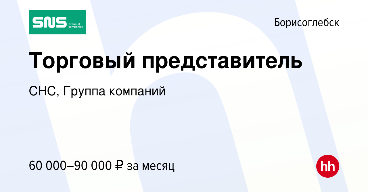 Вакансия Торговый представитель в Борисоглебске, работа в компании СНС,  Группа компаний (вакансия в архиве c 4 июля 2023)