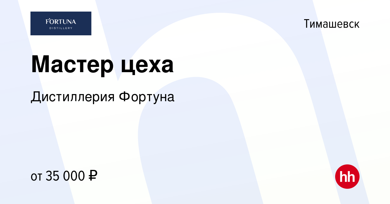 Вакансия Мастер цеха в Тимашевске, работа в компании Дистиллерия Фортуна  (вакансия в архиве c 30 августа 2022)