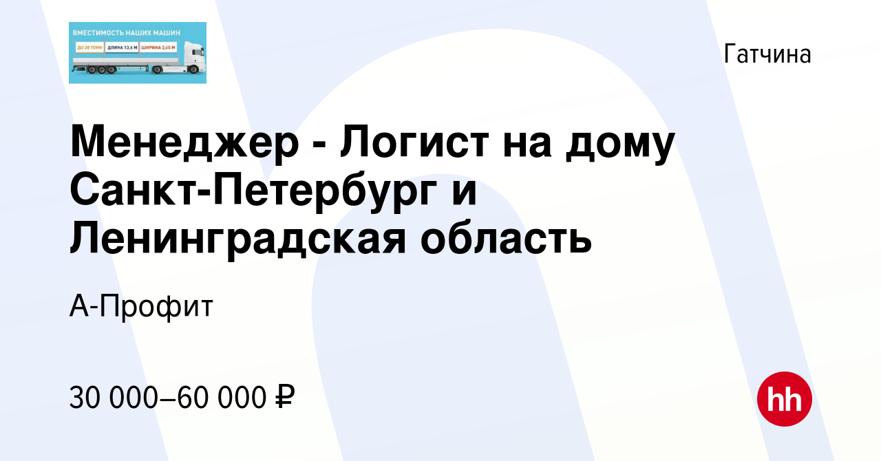 Вакансия Менеджер - Логист на дому Санкт-Петербург и Ленинградская область  в Гатчине, работа в компании А-Профит (вакансия в архиве c 3 июня 2022)