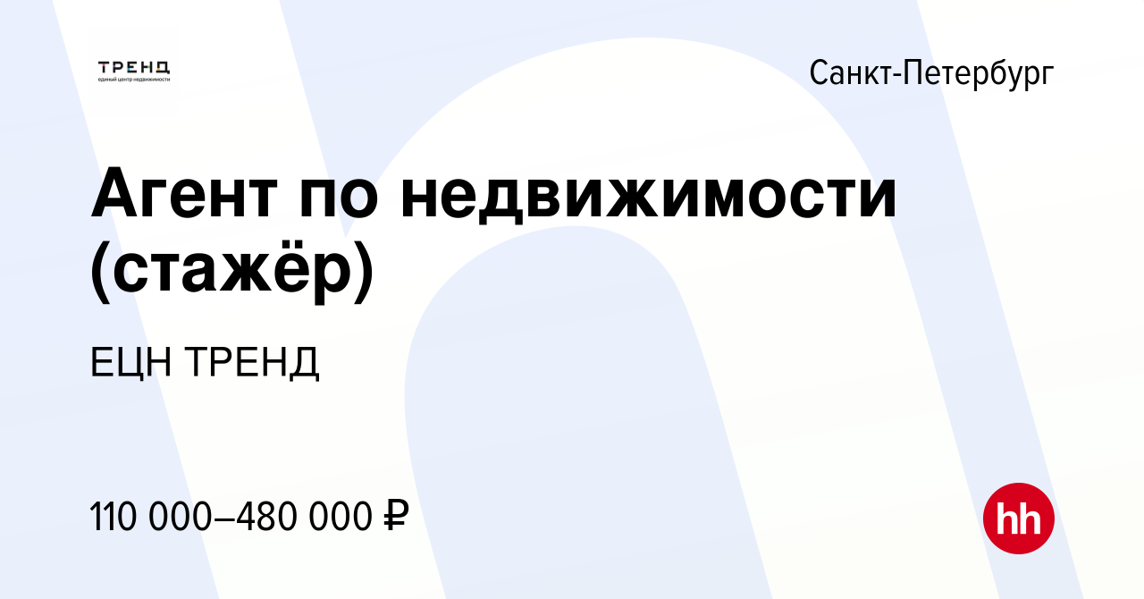 Вакансия Агент по недвижимости (стажёр) в Санкт-Петербурге, работа в  компании ЕЦН ТРЕНД