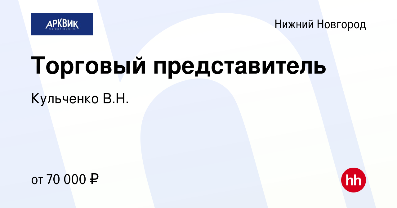 Вакансия Торговый представитель в Нижнем Новгороде, работа в компании  Кульченко В.Н. (вакансия в архиве c 15 июня 2022)