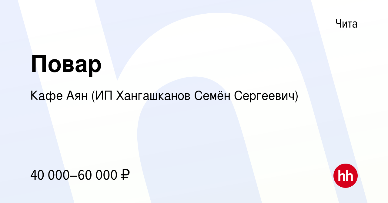 Вакансия Повар в Чите, работа в компании Кафе Аян (ИП Хангашканов Семён  Сергеевич) (вакансия в архиве c 24 июня 2022)