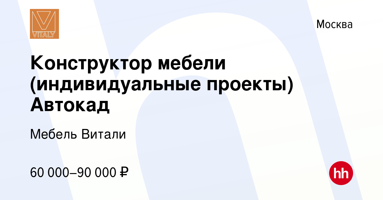 Вакансия Конструктор мебели (индивидуальные проекты) Автокад в Москве,  работа в компании Мебель Витали (вакансия в архиве c 24 июня 2022)