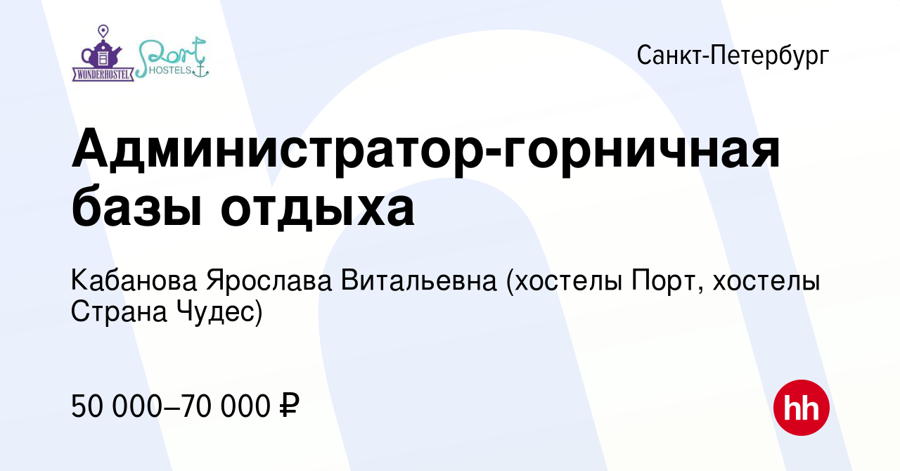 Вакансия Администратор-горничная базы отдыха в Санкт-Петербурге, работа в  компании Кабанова Ярослава Витальевна (хостелы Порт, хостелы Страна Чудес)  (вакансия в архиве c 8 июля 2022)