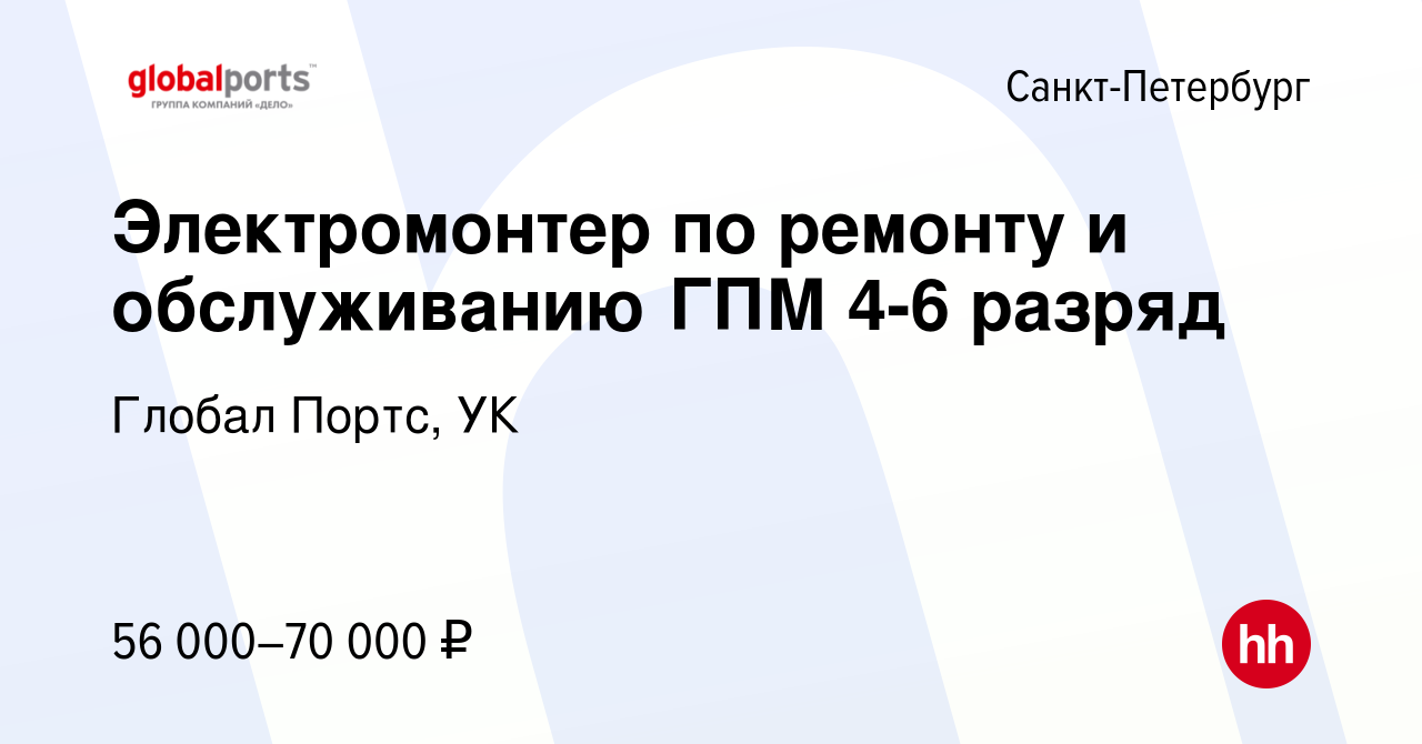 Вакансия Электромонтер по ремонту и обслуживанию ГПМ 4-6 разряд в  Санкт-Петербурге, работа в компании Глобал Портс, УК (вакансия в архиве c  14 сентября 2022)