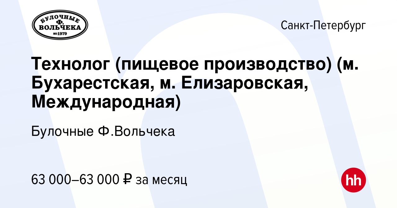 Вакансия Технолог (пищевое производство) (м. Бухарестская, м. Елизаровская,  Международная) в Санкт-Петербурге, работа в компании Булочные Ф.Вольчека  (вакансия в архиве c 30 января 2023)