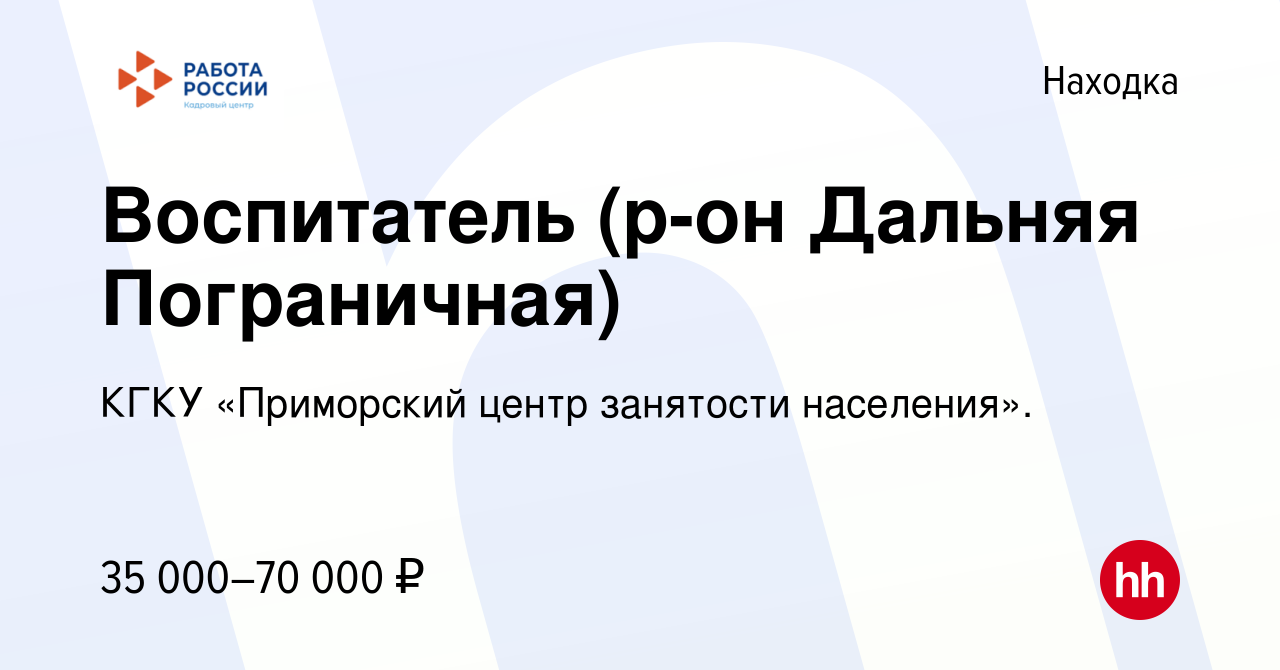 Вакансия Воспитатель (р-он Дальняя Пограничная) в Находке, работа в  компании КГКУ «Приморский центр занятости населения». (вакансия в архиве c  7 октября 2022)