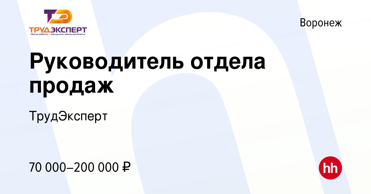 Вакансия Руководитель отдела продаж в Воронеже, работа в компании  ТрудЭксперт (вакансия в архиве c 31 августа 2022)