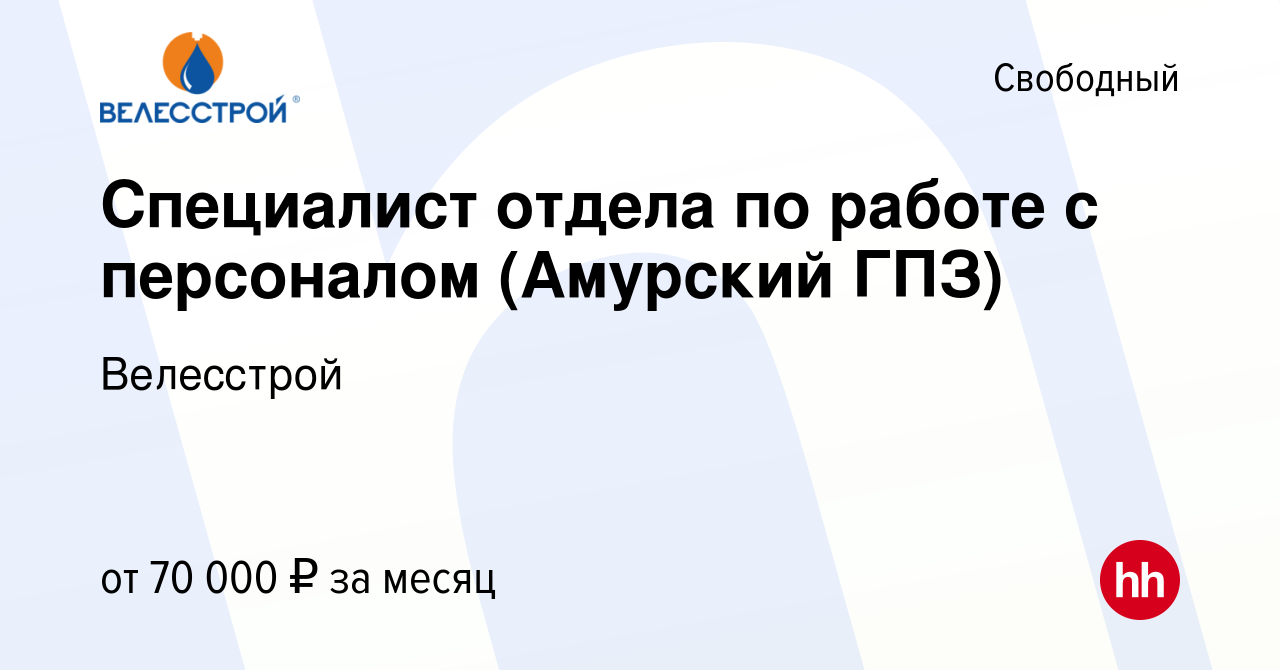 Вакансия Специалист отдела по работе с персоналом (Амурский ГПЗ) в  Свободном, работа в компании Велесстрой (вакансия в архиве c 3 ноября 2022)