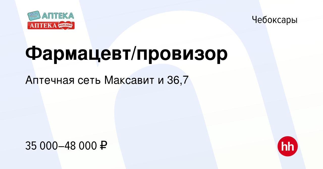 Вакансия Фармацевт/провизор в Чебоксарах, работа в компании Аптечная сеть  Максавит и 36,7 (вакансия в архиве c 15 февраля 2023)