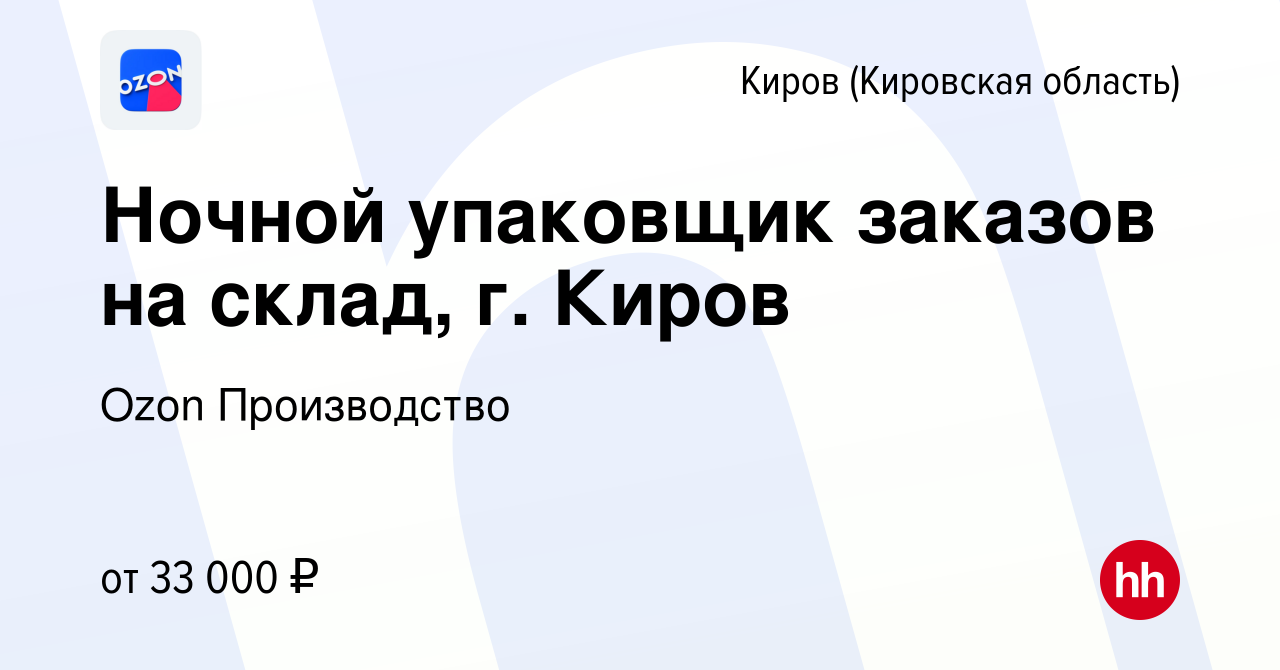 Вакансия Ночной упаковщик заказов на склад, г. Киров в Кирове (Кировская  область), работа в компании Ozon Производство (вакансия в архиве c 25  августа 2022)