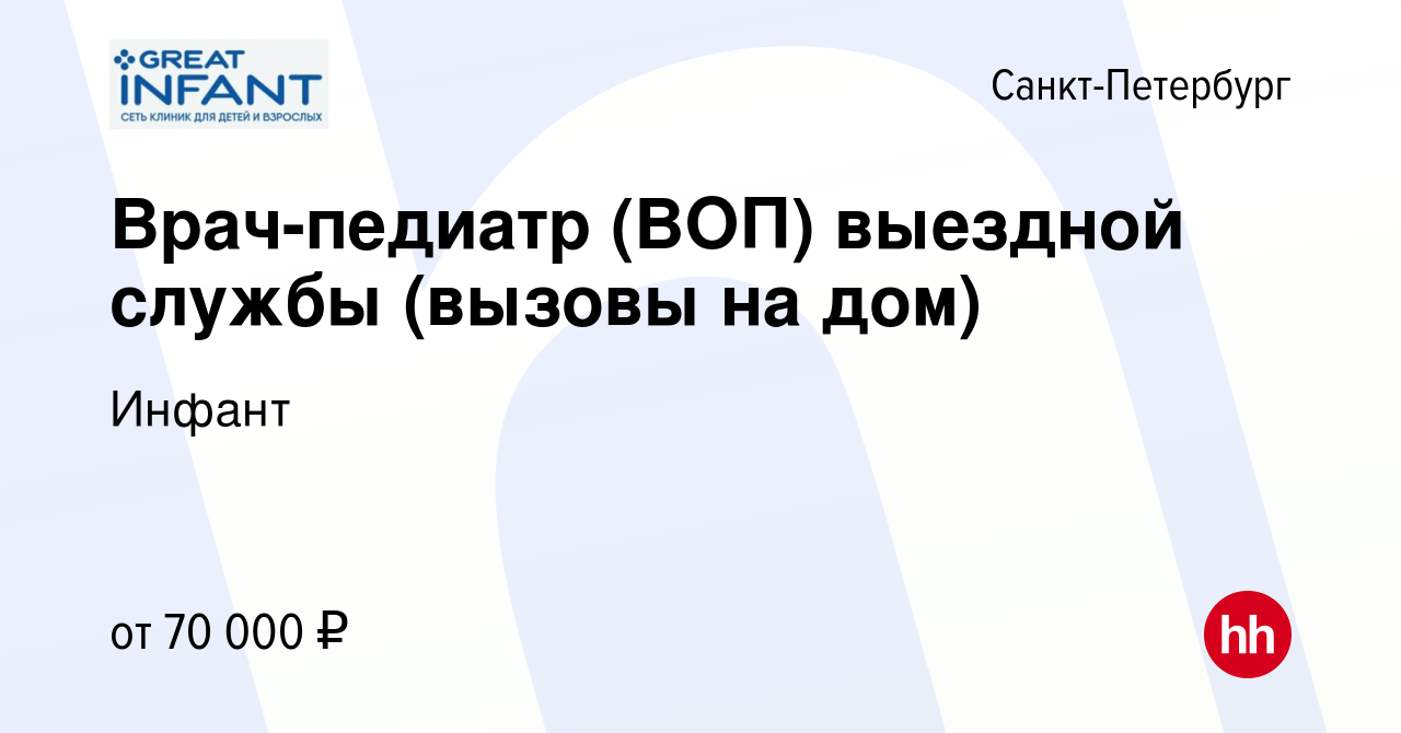 Вакансия Врач-педиатр (ВОП) выездной службы (вызовы на дом) в  Санкт-Петербурге, работа в компании Инфант (вакансия в архиве c 16 сентября  2022)