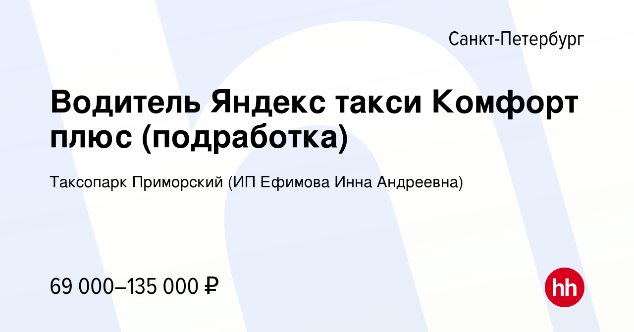 Вакансия Водитель Яндекс такси Комфорт плюс (подработка) в Санкт-Петербурге,  работа в компании Таксопарк Приморский (ИП Ефимова Инна Андреевна)  (вакансия в архиве c 15 октября 2022)