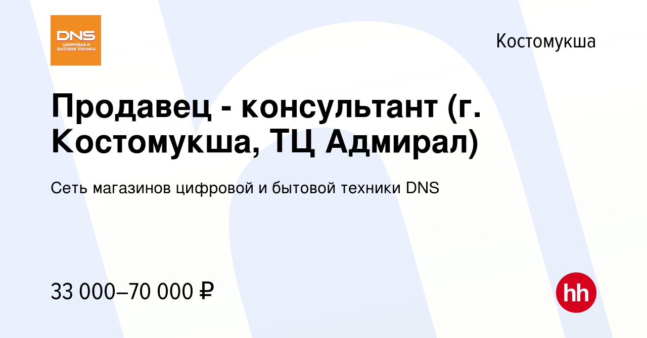 Вакансия Продавец - консультант (г. Костомукша, ТЦ Адмирал) в Костомукше,  работа в компании Сеть магазинов цифровой и бытовой техники DNS (вакансия в  архиве c 20 сентября 2022)