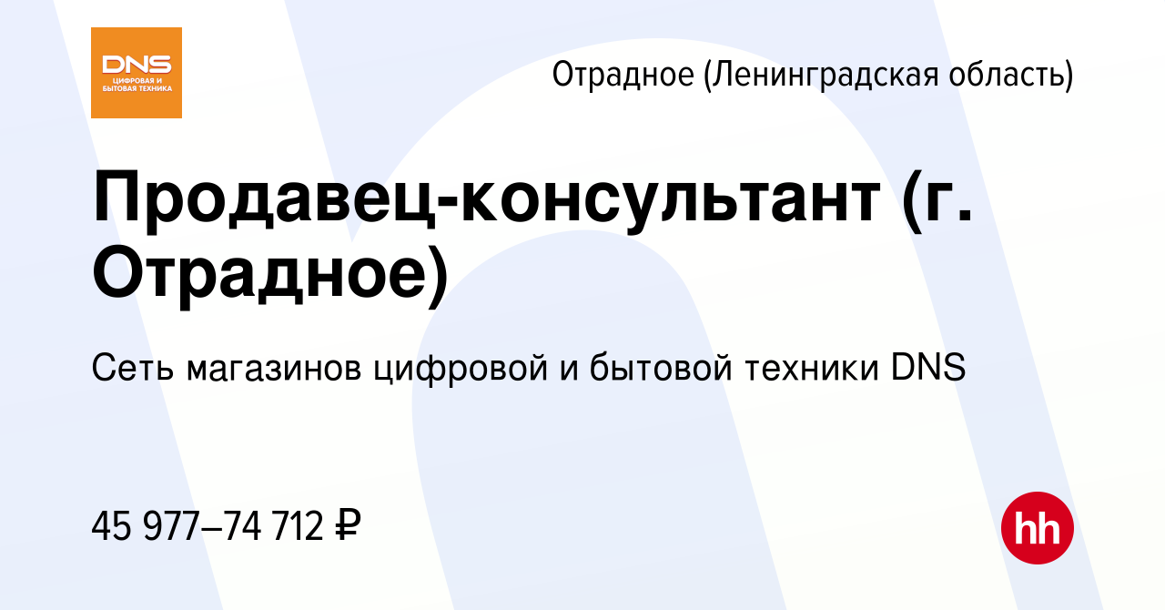 Вакансия Продавец-консультант (г. Отрадное) в Отрадном (Ленинградская  область), работа в компании Сеть магазинов цифровой и бытовой техники DNS  (вакансия в архиве c 21 октября 2022)