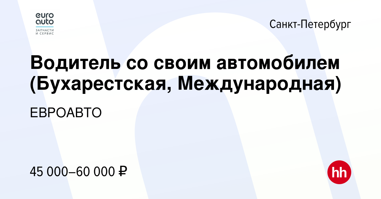 Вакансия Водитель со своим автомобилем (Бухарестская, Международная) в  Санкт-Петербурге, работа в компании ЕВРОАВТО (вакансия в архиве c 19 января  2023)