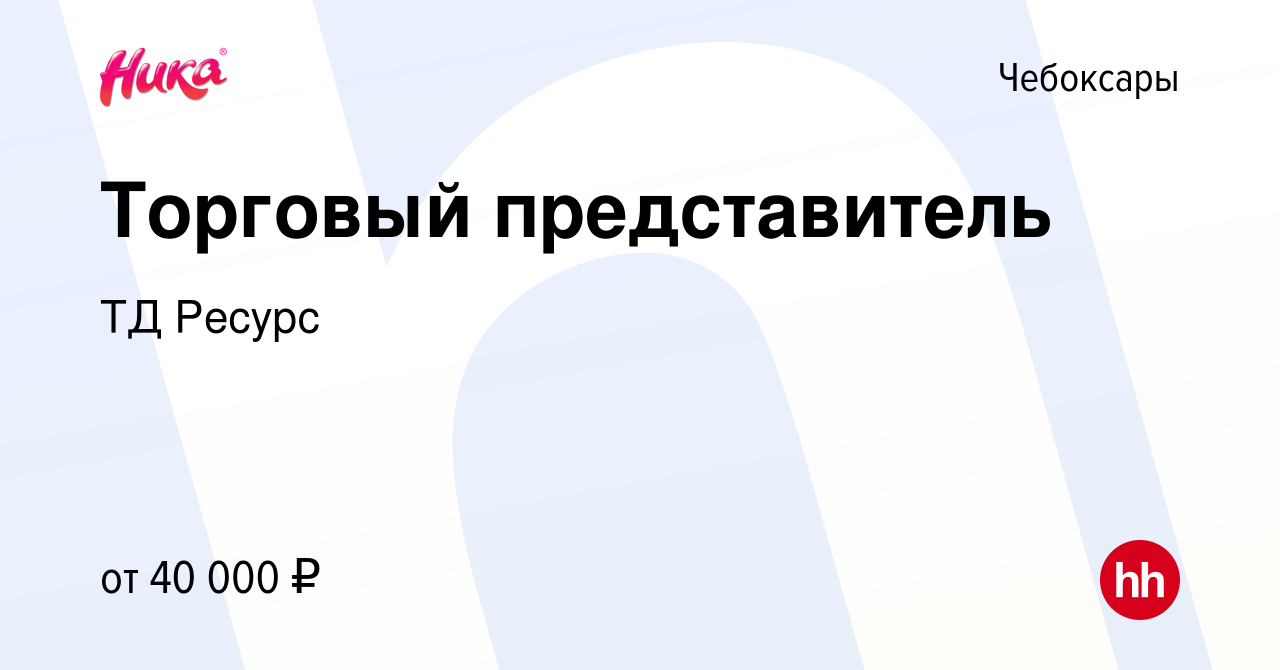 Вакансия Торговый представитель в Чебоксарах, работа в компании ТД Ресурс  (вакансия в архиве c 29 октября 2022)