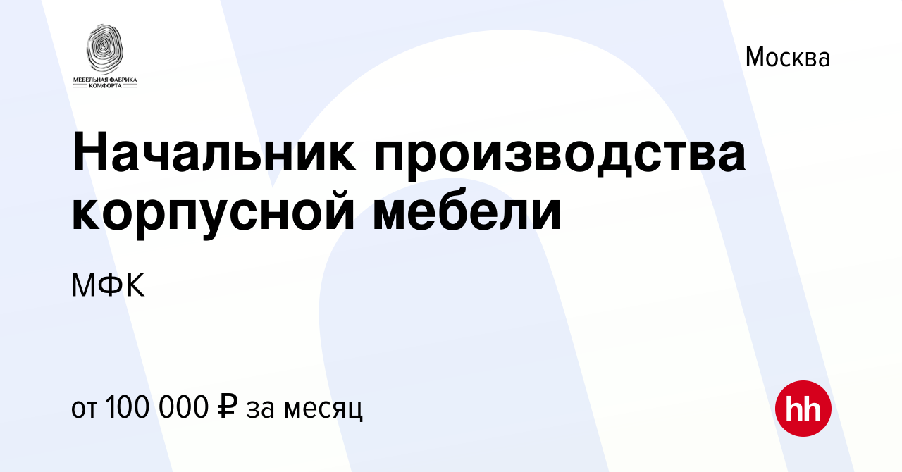 Начальник производства корпусной мебели вакансии