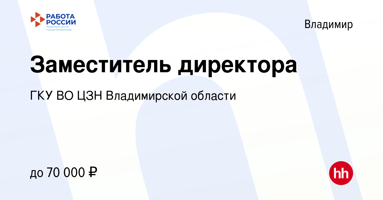 Вакансия Заместитель директора во Владимире, работа в компании ГКУ ВО ЦЗН  Владимирской области (вакансия в архиве c 19 ноября 2022)