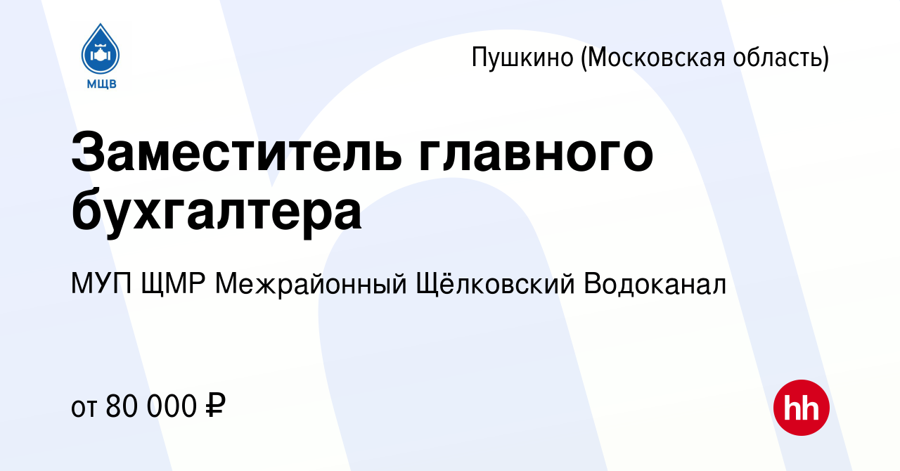 Вакансия Заместитель главного бухгалтера в Пушкино (Московская область) ,  работа в компании МУП ЩМР Межрайонный Щёлковский Водоканал (вакансия в  архиве c 25 ноября 2022)